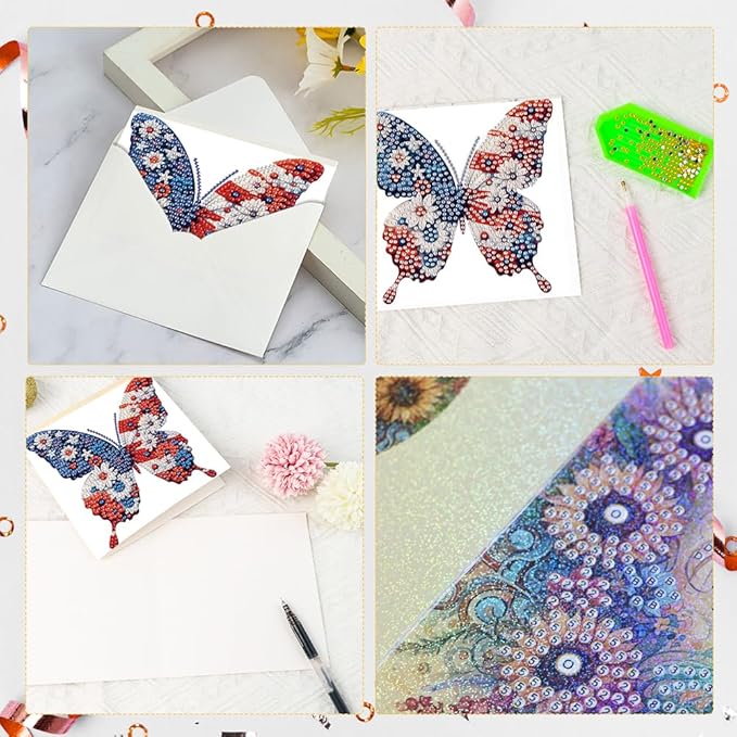6PCS Diamond Art Painting Greeting Card Set, US Flag Butterfly Pattern DIY Cards with Envelopes for Xmas Birthdays Special Occasion Blessing