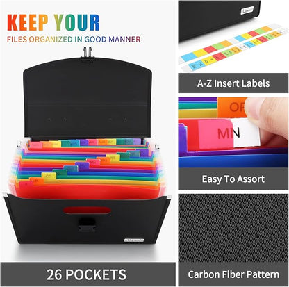 Uquelic 26 Pockets Expanding File Folder - Accordion Savor Document Organizer Folio Upgraded Durable Buckle, Base with Ergonomic Portable Handle/Large Legal Size Expandable File Organizer