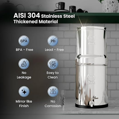 Gravity Water Filter System - 1.5 Gallons NSF Certified AISI 304 Stainless Steel Countertop Water Filter System with 2 Smart (Black) Carbon Filter Elements & Free Stainless Steel Water Spigot (1.5G)