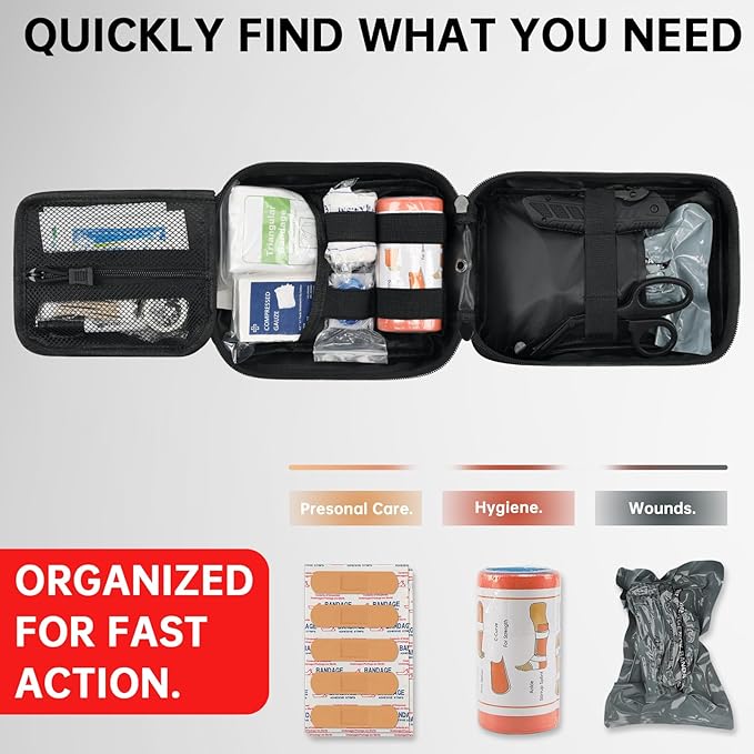 Trauma Kit, Compact Tactical IFAK Emergency Survival First Aid Kits Hemostatic Combat Wound Care Molle Pouch with Israeli Bandage, Chest Seal, Splint for Military, Black