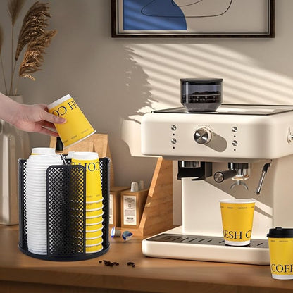 4-Compartment Rotating Paper Cup Holder & Coffee Cup Lid Storage Dispenser, Plastic Cup Dispenser Removable, Space-Saving Countertop Cup Holder for Coffee Bars, Kitchens (Black)