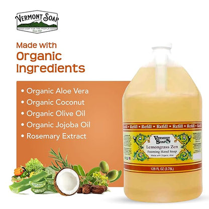 VERMONT SOAP Organics Foaming Hand Soap, Liquid Soap with Pre-diluted Formula - Ready to Use Lemongrass Hand Soap With Convenient and Economical Gallon Refill Size