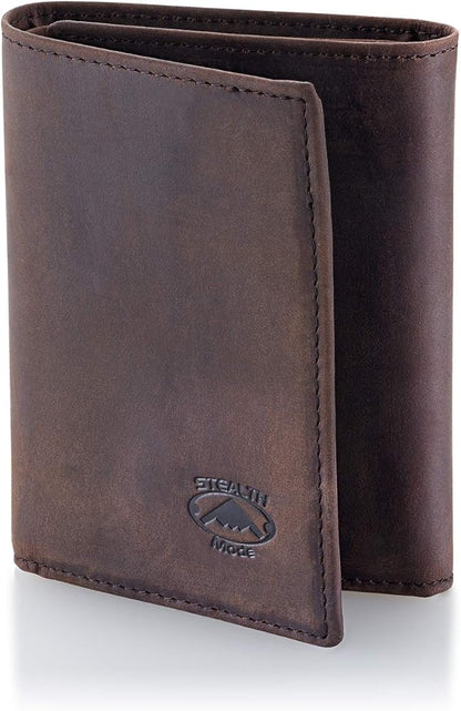 Stealth Mode Leather Trifold RFID Wallet For Men With Flip Out ID Holder (Crazy Horse Brown)
