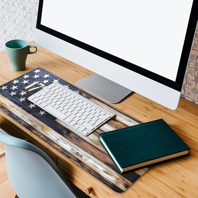American Flag Desk Mat Patriotic Rustic Wood 1776 Rustic Large Gaming Mouse Mat with Stitched Edges,Non-Slip Waterproof Rubber Base Mous Mat 31.5"x11.8"
