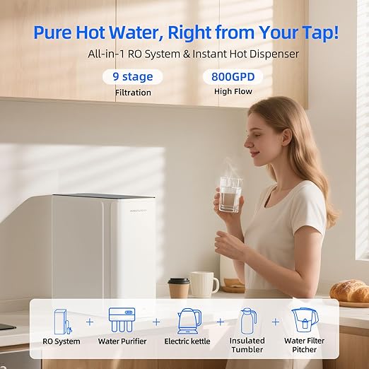 2-in-1 RO System & Instant Hot Water Dispenser, MIZUDO 800GPD Tankless Reverse Osmosis Water Filter, NSF/ANSI Certified, 9 Stage Under Sink RO System, 3:1 Pure to Drain, Hot and Cold Smart Faucet