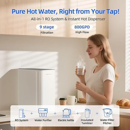 2-in-1 RO System & Instant Hot Water Dispenser, MIZUDO 800GPD Tankless Reverse Osmosis Water Filter, NSF/ANSI Certified, 9 Stage Under Sink RO System, 3:1 Pure to Drain, Hot and Cold Smart Faucet
