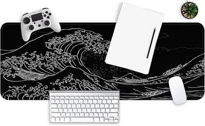 MAY FLOWER Large Gaming Mouse Pad, Full Keyboard Mat, Long Laptop Mousepad, Computer Mouse Mat for Home and Office, Anti-Slip Rubber Base, 31.5 x 11.8 Inches (Black Sea Wave)