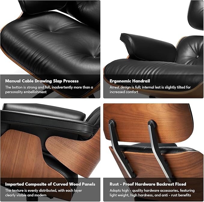 Mid Century Chaise Lounge Chair with Ottoman, Top Black Grain Leather, Modern Office Chair Classic Design, Heavy Duty Base Support for Living Room Study Lounge Office