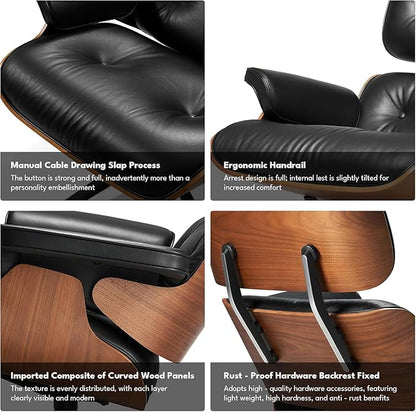 Mid Century Chaise Lounge Chair with Ottoman, Top Black Grain Leather, Modern Office Chair Classic Design, Heavy Duty Base Support for Living Room Study Lounge Office