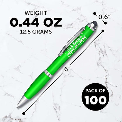 DISCOUNT PROMOS Custom Plastic Stylus Pens Set of 100, Personalized Bulk Pack - Black Ink, Great for Office, School, Business, Tradeshows, Events - Green