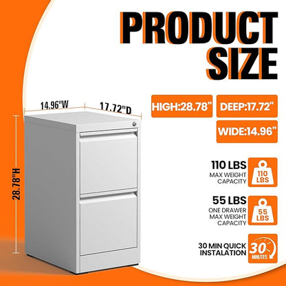 2-Drawer Locking Vertical File Cabinet, Metal Storage Cabinet for Office/Home – Secure Vertical Filing for Letter/Legal/A4/F4 Documents, Easy to Assemble Steel Cabinet (White, 2 Drawer-28 H)
