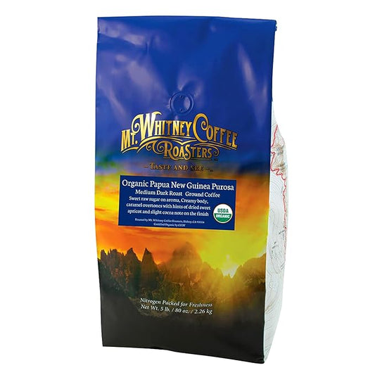 Mt. Whitney Organic Papua New Guinea, Medium Dark Roast, Low Acid Coffee (Ground 5Lb)