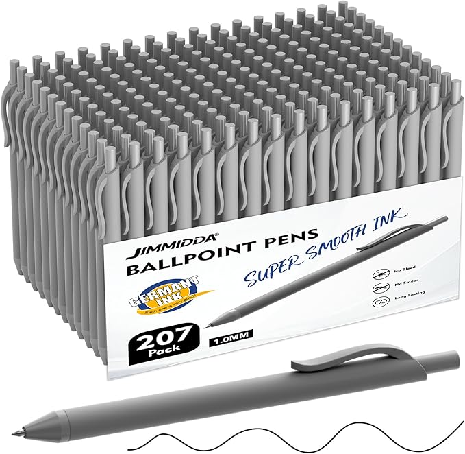 Ballpoint Pens Bulk - 207 Pcs Black Ink Pens | 1.0 Medium Point Smooth Writing, Wholesale Retractable No Bleed Ball Point Pen for Men Women (Gray Barrel)
