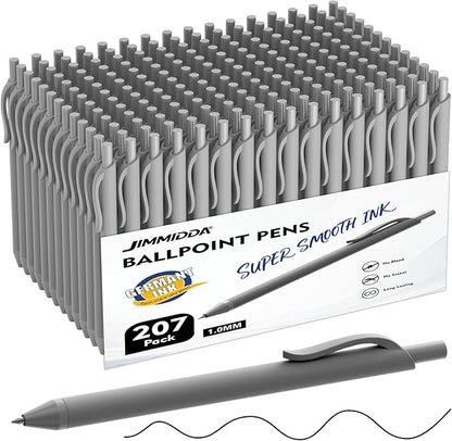 Ballpoint Pens Bulk - 207 Pcs Black Ink Pens | 1.0 Medium Point Smooth Writing, Wholesale Retractable No Bleed Ball Point Pen for Men Women (Gray Barrel)