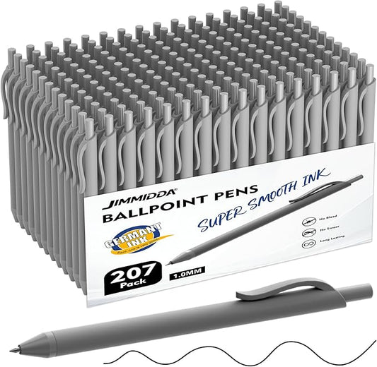 Ballpoint Pens Bulk - 207 Pcs Black Ink Pens | 1.0 Medium Point Smooth Writing, Wholesale Retractable No Bleed Ball Point Pen for Men Women (Gray Barrel)