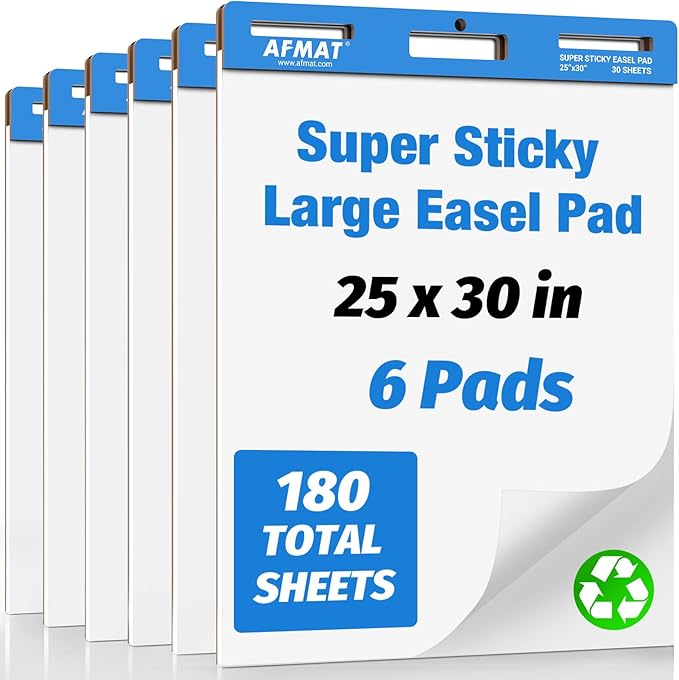 AFMAT Chart Paper, 25 in x 30 in Sticky Easel Pads, Large Chart Paper for Teachers, Ink Bleed-Through Resistant Flip Chart Paper for Office/Classroom/Whiteboard/Wall/Windows, 30 Sheets/Pad, 6 Pads