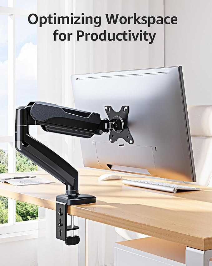 MOUNTUP Single Monitor Desk Mount Holds Screen up to 32 inch, Adjustable Gas Spring Monitor Arm, Computer Monitors Stand with Clamp/Grommet Mounting Base, VESA Mounts Fit 4.4-17.6lbs Computer, Black