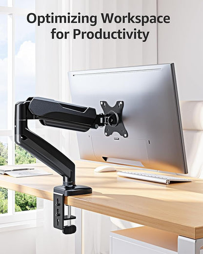 MOUNTUP Single Monitor Desk Mount Holds Screen up to 32 inch, Adjustable Gas Spring Monitor Arm, Computer Monitors Stand with Clamp/Grommet Mounting Base, VESA Mounts Fit 4.4-17.6lbs Computer, Black