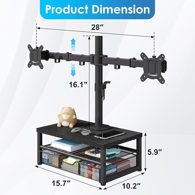 Dual Monitor Stand with Desk Organizer, Heavy Duty VESA Dual Monitor Arm Mount for 13″-27″ Computer Screens, Free-Standing Monitor Arms for 2 Monitors, Adjustable Height Angle, Loads 20Lbs/Arm, Black