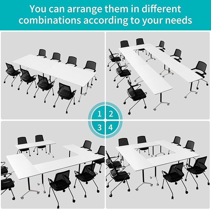 Conference Room Table, Folding Conference Table with Silent Wheels, Modular Flip Top Mobile Training Tables for Office, Training Room, Meeting Rooms, School, 2-16 Person (4, White, 61in)