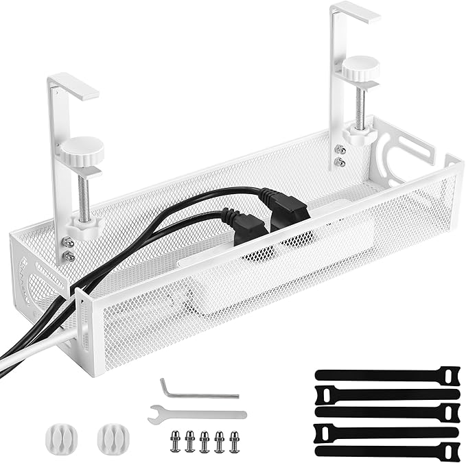 Under Desk Cable Management Tray – No Drill Cord Organizer & Power Strip Holder – Wire Cable Tray for Home Office Desk Setup (L-White)