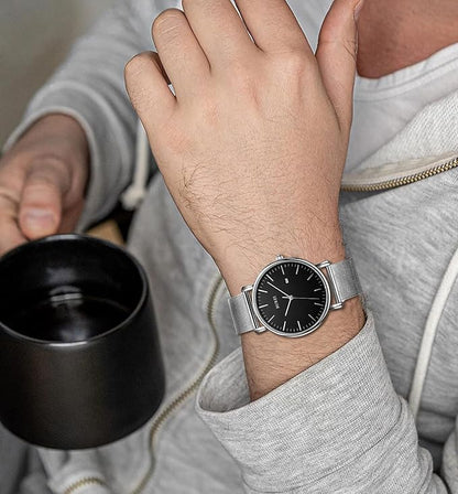 BUREI Men Watches Brown Leather Fashion Minimalist Wrist Watch Simple Ultra Thin Waterproof Quartz Watches All Black Stainless Steel Mesh Band,Gift for Men Women