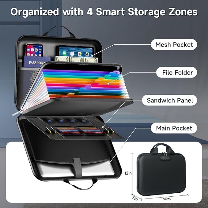 Fireproof Document Box with Lock, Waterproof Hard-Shell File Organizer with 13-Pocket Accordion Folder & Multi-Compartments for Laptop, Documents, Passports & Valuables