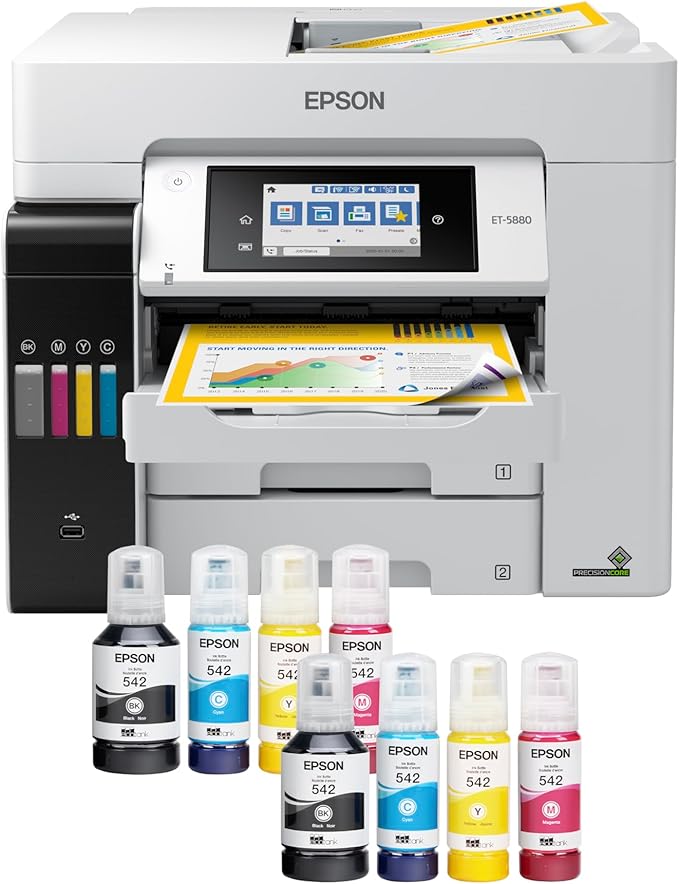 Epson EcoTank Pro ET-5880 Wireless Color All-in-One Supertank Printer with Scanner, Copier, Fax, Ethernet and PCL/Postscript, White