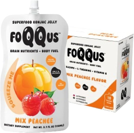 Peach Lychee Konjac Jelly with Bacopa + Caffeine + L-Theanine (10 Pouches) | Low Calorie, 0g Sugar, Gluten-Free, Vegan & Keto | Drinkable Asian Snack | Nutrients for Gut Health & Focus