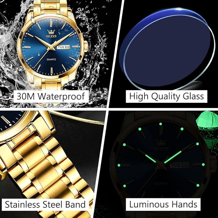 Men's Casual Stainless Steel Watch, Big Face Easy to Read Analog Quartz Watch with Day and Date, Classic Waterproof Diamond Roman Arabic Numerals Dial Dress Watch for Men, Gold Silver Black Band