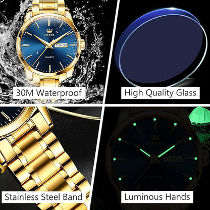 Men's Casual Stainless Steel Watch, Big Face Easy to Read Analog Quartz Watch with Day and Date, Classic Waterproof Diamond Roman Arabic Numerals Dial Dress Watch for Men, Gold Silver Black Band