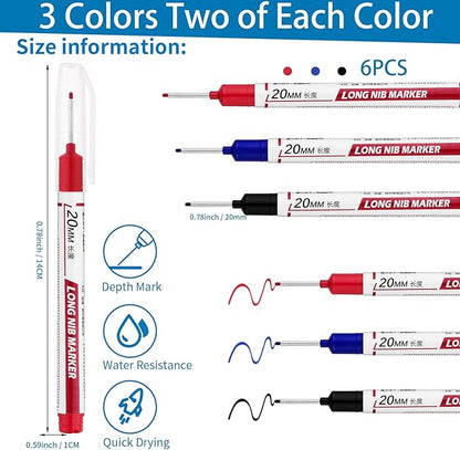 6 PCS Long Head Deep Hole Marker Pens,20mm Long Nib Marker, Longs Nose Markers, Waterproof Construction Markers Marking Tool,Permanent Markers Carpenter Ink marker Pens,Metal marking Pens 02