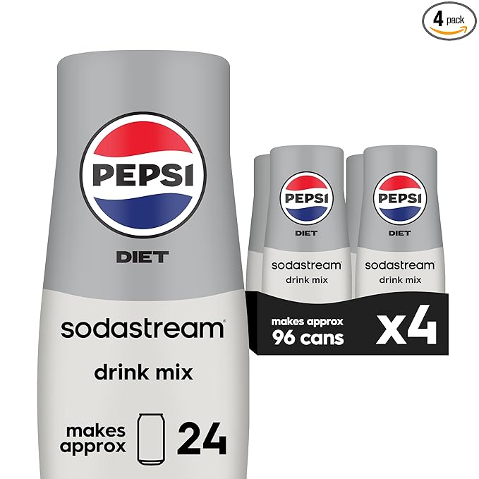 SodaStream - Diet Pepsi Beverage Mix Diet Flavor for SodaStream Turns 9.5 Gallons of Sparkling Water into Diet Pepsi Light, Crisp and Refreshing with Zero Calories 14.9 Fl Oz, Pack of 4
