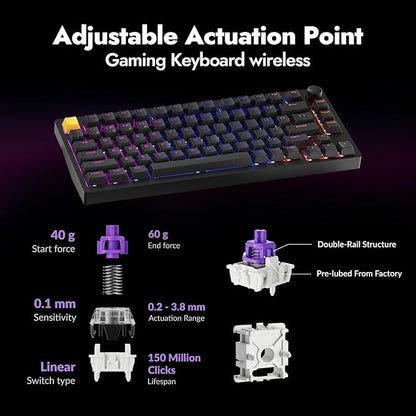 LEMOKEY P1 HE 75% Wireless Custom Mechanical Gaming Keyboard with Gateron Double-Rail Magnetic Switches Knob Version, QMK 2.4 GHz Bluetooth 5.2 RGB Backlight Compatible with Mac Windows Linux-Black