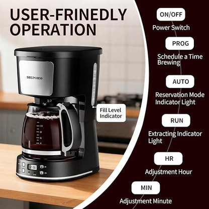 12-Cup Drip Coffee Maker with Reusable Filter,Programmable Clock,Auto Brew,Water Window,Keep Hot Plate,Glass Carafe,Compact Design for Kitchen,Office,Silver and Black