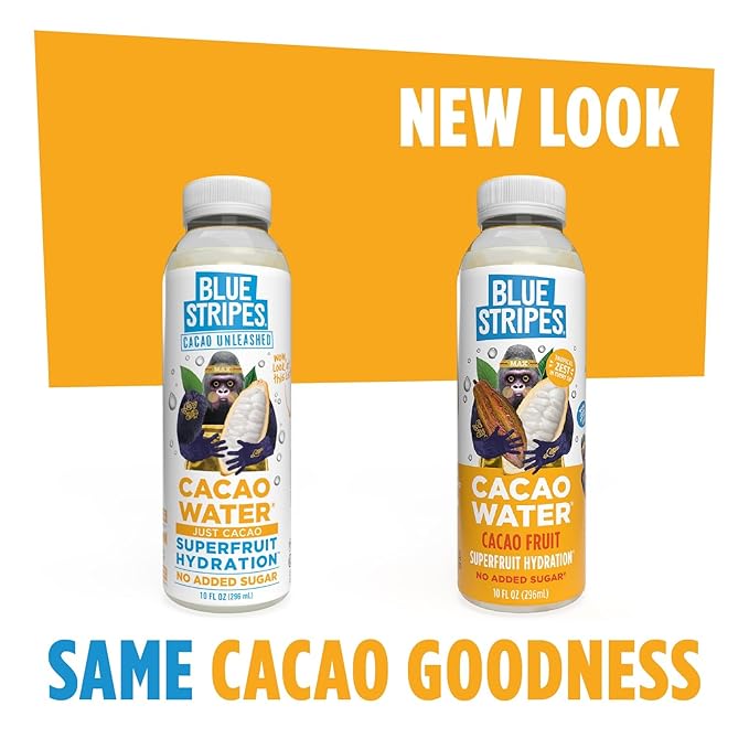 Blue Stripes Cacao Water - Cold Pressed Superfruit Hydration with Electrolytes & Antioxidants, No Sugar Added, All Natural, Great for Protein Shakes & Smoothies - Just Cacao, 6 Pack