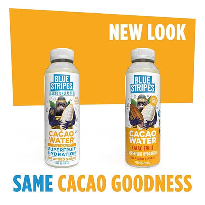 Blue Stripes Cacao Water - Cold Pressed Superfruit Hydration with Electrolytes & Antioxidants, No Sugar Added, All Natural, Great for Protein Shakes & Smoothies - Just Cacao, 6 Pack