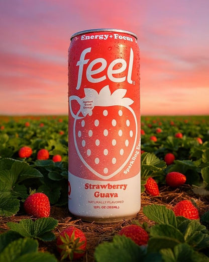FEEL Zero Sugar Natural Energy Drink – Strawberry Guava, 140mg Plant-Based Caffeine with L-Theanine for Focus, Vitamin C for Immunity, Vegan, Non-GMO, No Artificial Sweeteners, 12 Fl Oz Cans (12-Pack)