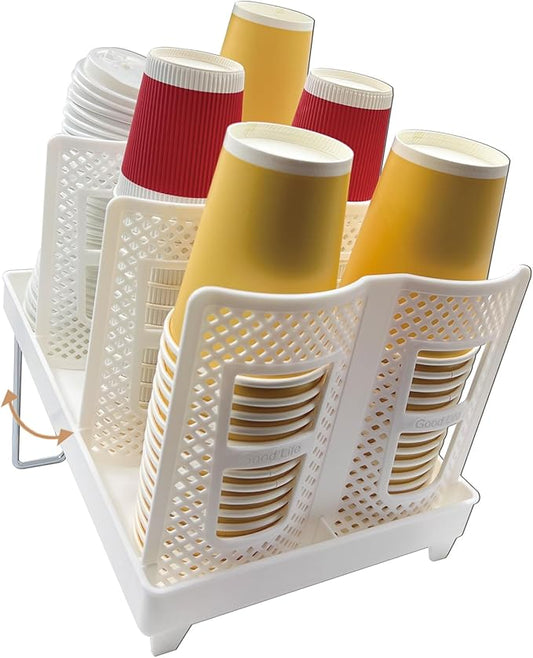 Coffee Cup Organizer Holder, CIT ZCFYU Adjustable Cup and Lid Storage Rack,6 Slots Disposable Paper Cup Dispenser fits 8-22oz,Plastic Cup Stand for Coffee Station Bar Countertop Home Kitchen,White