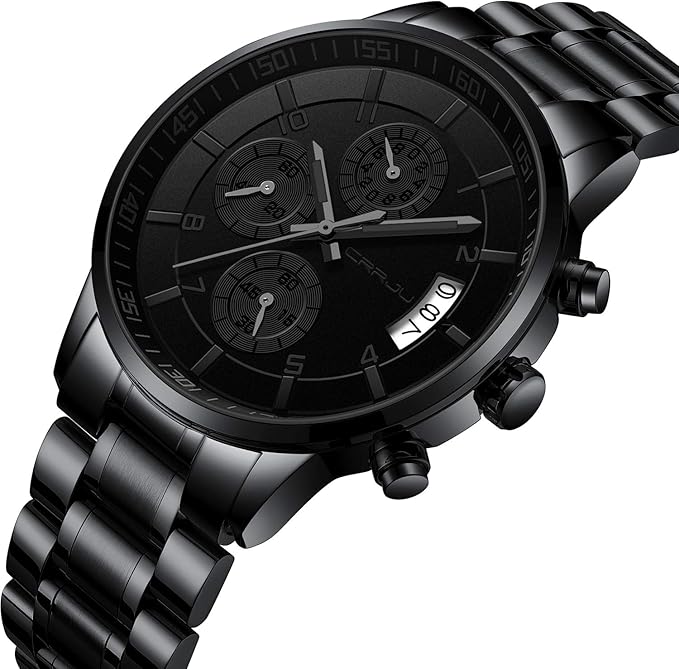 CRRJU Men's Fashion Stainless Steel Watches Date Waterproof Chronograph Wristwatches,Black Steel Band Waterproof Quartz Watch for Men