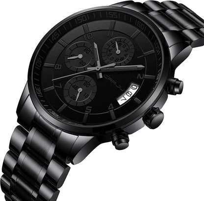 CRRJU Men's Fashion Stainless Steel Watches Date Waterproof Chronograph Wristwatches,Black Steel Band Waterproof Quartz Watch for Men
