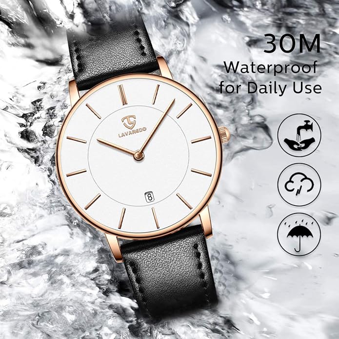 L LAVAREDO Watch for Men, Extremely Thin Mens Watches Minimalist Analog Men's Leather Wrist Watches with Time/Date, Birthday Gift for Men Boyfriend
