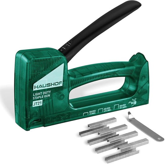 HAUSHOF Light Duty Staple Gun, Upholstery Staple Gun with 800PCS JT21 Staples and Stapler Remover, Fits JT21 Staple of 1/4'', 5/16'' & 3/8'', Used for Wood, Classroom, Crafts, DIY (Green Transparent)