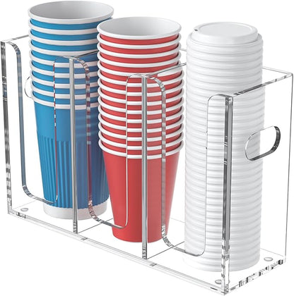 WINFFOR Disposable Cup Organizer Dispenser - 3 Compartments Clear Acrylic Cup and Lid Holder with Handles Plastic Cup Dispenser Countertop Paper Cup Holder for Coffee Bar House Party Essentials