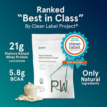 Puori Whey Protein Powder, Bourbon Vanilla - PW1 Pasture-Raised, Grass-Fed Whey Protein Powder Drink Mix containing BCAA Amino Acids - Post-Workout Supplement for Muscle Gain & Recovery - 60 Servings