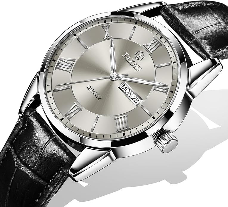 Men's Watch Big Face Easy Read Arabic Numeral Dress Watches for Men Classic Black Brown Leather Band Analog Mens Wrist Watch with Day and Date Fashion Business Waterproof Luminous Quartz Watch