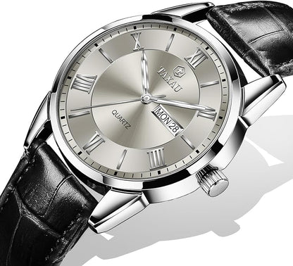 Men's Watch Big Face Easy Read Arabic Numeral Dress Watches for Men Classic Black Brown Leather Band Analog Mens Wrist Watch with Day and Date Fashion Business Waterproof Luminous Quartz Watch