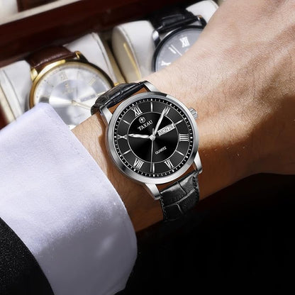 Men's Watch Big Face Easy Read Arabic Numeral Dress Watches for Men Classic Black Brown Leather Band Analog Mens Wrist Watch with Day and Date Fashion Business Waterproof Luminous Quartz Watch