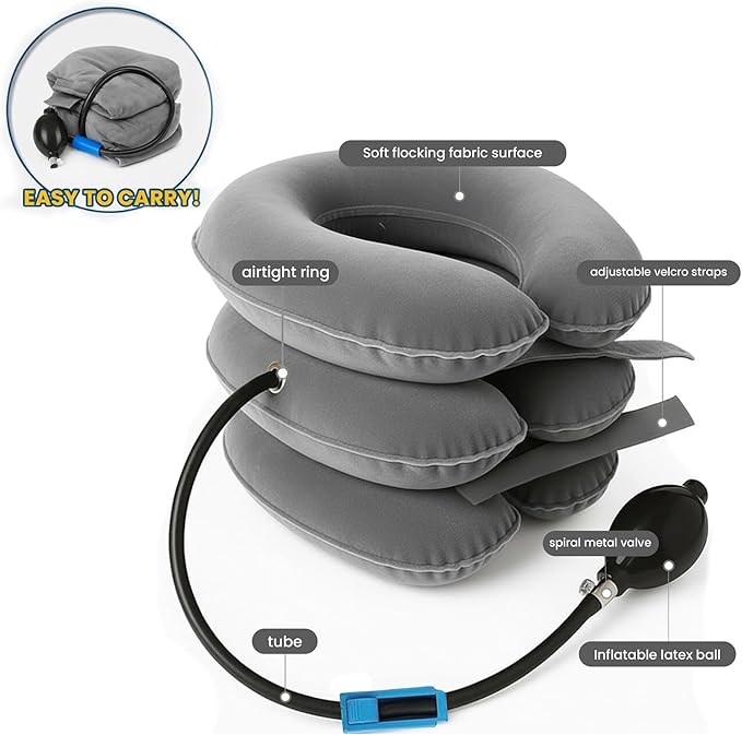 Neck Stretcher, Cervical Traction Device, Neck Traction Device for Neck Pain Relief, Adjustable Inflatable Neck Stretcher Cervical Traction and Neck Brace, Neck Decompression Home Use (Gray)