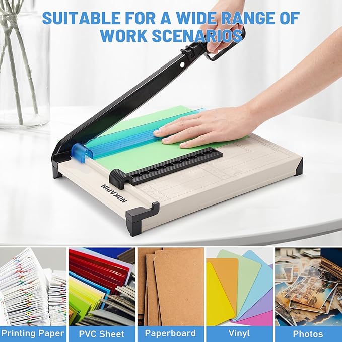Paper Cutter, Paper Slicer with Safety Guard and Blade Lock, 12" Cut Length Guillotine Paper Cutter with 16 Sheet Capacity, Paper Cutters and Trimmers for Cardstock Cardboard (White)